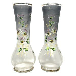 Antique 1890s Pair of Bohemian Art Glass Enameled Tulips Flowers Smokey Grey